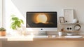 depiction of a modern minimalist home office setup, very sharp, photorealistic Royalty Free Stock Photo