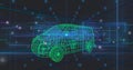 Rendering neon green van wireframe spinning in simulation space, with grid planes, numeric labels Royalty Free Stock Photo