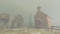 Rendering of an old western abandoned village in fog