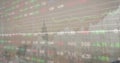 Rendering overlay over skyline, grid, line graphs, prices, arrows and waveform data stream Royalty Free Stock Photo