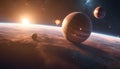 rendering of planets in space solar system with bright sun , stars, and milkyway on the background