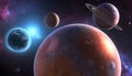 rendering of planets in space solar system, with pink milkyway and bright blue light on it