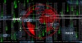 Rendering red map spinning in digital HUD, with code streams, tables, lines, labels 2006,2019 Royalty Free Stock Photo