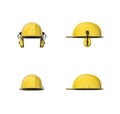 Rendering set of yellow hard hat or construction helmet with ear protectors isolated on a white background