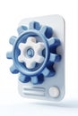rendering of settings icon with interlocking blue and white gears on a white rectangular device. Represents technical service, Royalty Free Stock Photo