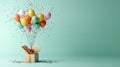The rendering shows a decorated open gift box with balloons and confetti on a green background. It could be an Royalty Free Stock Photo