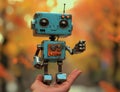 Rendering of a small artificial intelligence robot assistant in human hands in 3D Royalty Free Stock Photo