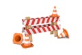 Rendering of traffic cones and 'under construction' barrier isolated on white background. Royalty Free Stock Photo