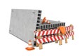 Rendering of traffic fences, cones, helmet and concrete floor slabs isolated on white background.