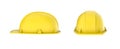 Rendering of two yellow construction helmets, side and front view, isolated on the white background. Royalty Free Stock Photo