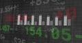 Rendering white vertical bar chart on financial screen with waveform lines  and  colored market valu Royalty Free Stock Photo