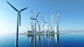 Rendering of wind turbines and a nuclear power plant in the background