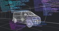 Rendering wireframe van model on virtual 3D grid plane, with overlaid programming code snippets Royalty Free Stock Photo