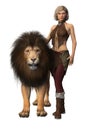 CGI beautiful woman in fantasy style costume standing next to an adult male lion