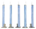 5 renders of fictional design skyscrapers with balconies with blue cloudy sky reflection - isolated, various angles views 3d