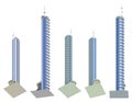 5 renders of fictional design tall buildings with balconies with blue cloudy sky reflection - isolated, bottom view 3d