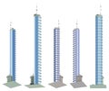 5 renders of fictional design tall buildings with parking at the bottom with blue cloudy sky reflection - isolated, view from