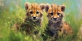 Oil painted cheetah cubs on a sunny day