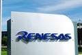 Renesas sign at Renesas Electronics Japanese semiconductor manufacturer headquarters