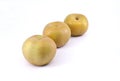 Renette apples, type of golden apple with much russeting, on white background