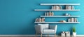 Renew blue scandinavian interior with modern sofa, chair, and bookshelf against blue wall.