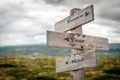 renew your mind text engraved on old wooden signpost outdoors in nature Royalty Free Stock Photo