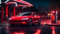 Beautiful modern electric car, charging station, night technology