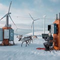 Renewable Energy in Arctic Operations: 'A remote Arctic outpost powered by wind-solar hybrids and BESS modules, Royalty Free Stock Photo