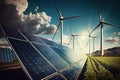 renewable energy background with green energy as wind turbines and solar panels Royalty Free Stock Photo