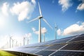 Renewable energy background with green energy as wind turbines and solar panels. Generative Ai Royalty Free Stock Photo