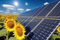 renewable energy background with photovoltaic energy as big solar panels in sunflowers field Royalty Free Stock Photo