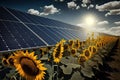 renewable energy background with photovoltaic energy as big solar panels in sunflowers field Royalty Free Stock Photo