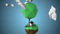 Renewable energy concept. Cartoony tree and house on polygonal island rotating over blue background, living off the