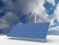 Renewable energy concept with grid connections solar panels and wind turbines. 3d rendered illustration Royalty Free Stock Photo