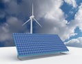 Renewable energy concept with grid connections solar panels and wind turbines. 3d rendered illustration Royalty Free Stock Photo