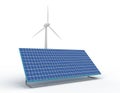 Renewable energy concept with grid connections solar panels and wind turbines. 3d rendered illustration Royalty Free Stock Photo