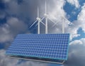 Renewable energy concept with grid connections solar panels and wind turbines. 3d rendered illustration Royalty Free Stock Photo