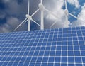 Renewable energy concept with grid connections solar panels and wind turbines. 3d rendered illustration Royalty Free Stock Photo