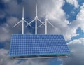 Renewable energy concept with grid connections solar panels and wind turbines. 3d rendered illustrationr Royalty Free Stock Photo