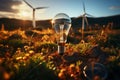 Renewable energy concept, lightbulb powered by solar panel and wind turbine on soil Royalty Free Stock Photo