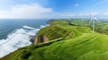 Renewable energy concept: panoramic landscape of the grass field hill with wind turbine generators Royalty Free Stock Photo