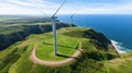 Renewable energy concept: panoramic landscape of the grass field hill with wind turbine generators Royalty Free Stock Photo