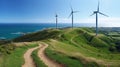 Renewable energy concept: panoramic landscape of the grass field hill with wind turbine generators Royalty Free Stock Photo