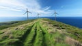 Renewable energy concept: panoramic landscape of the grass field hill with wind turbine generators Royalty Free Stock Photo
