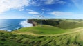 Renewable energy concept: panoramic landscape of the grass field hill with wind turbine generators Royalty Free Stock Photo