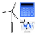 Renewable Energy and Online Learning Concept with Wind Turbine, Calculator, and Virtual Presentation Royalty Free Stock Photo
