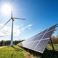 Solar Panel with Wind Turbine and Sunlight Royalty Free Stock Photo