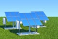 Renewable energy concept. Solar panels in the green grass against blue sky, 3d rendering Royalty Free Stock Photo