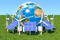 Renewable energy concept. Solar panels and wind turbines around Royalty Free Stock Photo