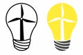 Renewable energy concept vector flat illustration. Windmills wind turbines and green trees inside of light bulb Royalty Free Stock Photo